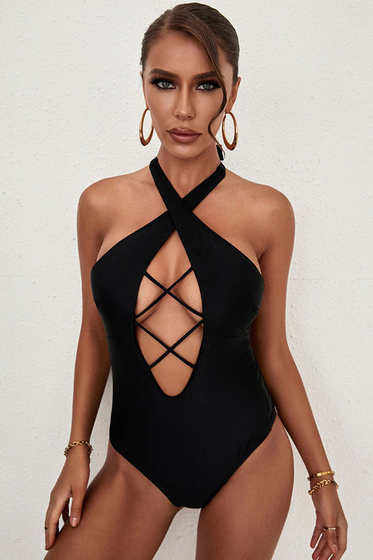 Women Cutout Cross Wrap Front Halter String One Piece Swimsuit