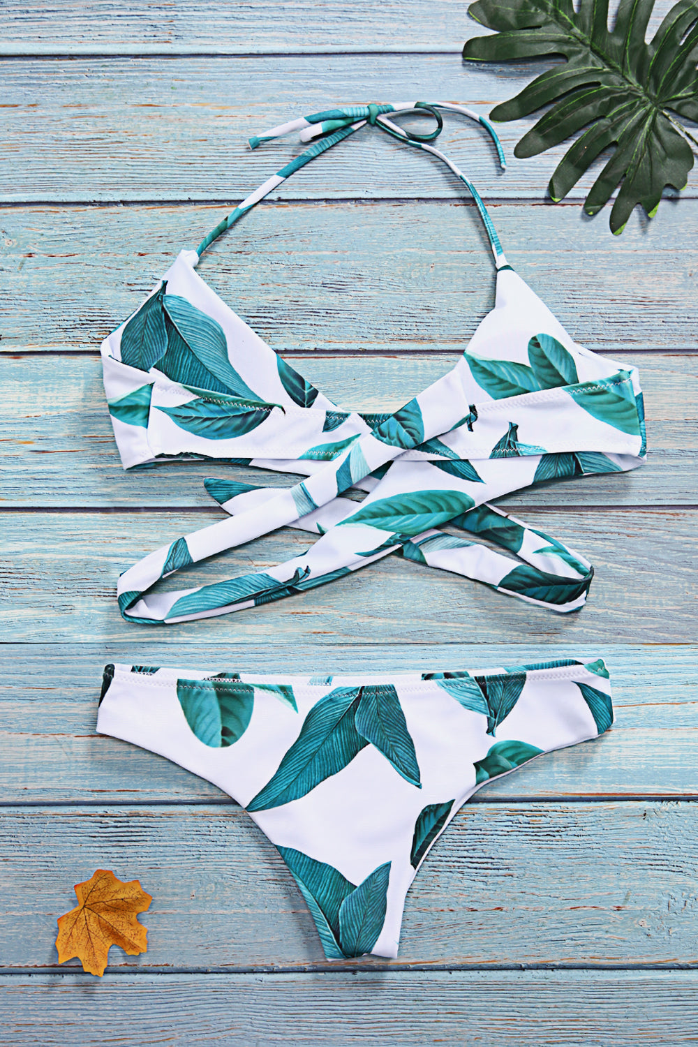 Iyasson Cross Green Leaves Printing Bikini Set