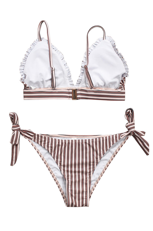 Iyasson Stripe Splicing Printing With Ruffles Bikini Sets