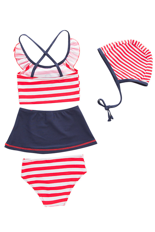 Iyasson Red Stripe Splicing Printing Back Cross Baby Girl Bikini Sets