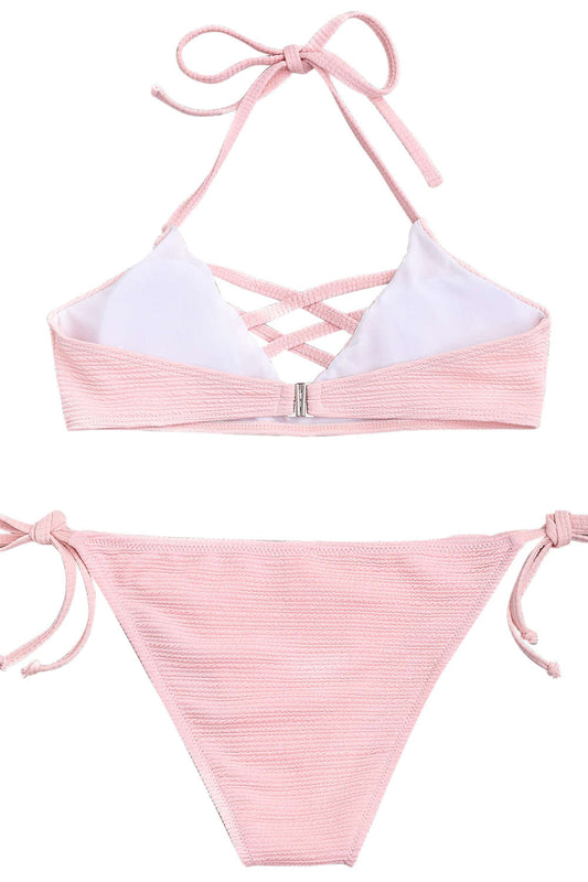 Iyasson Creamy Pink Cross Design Halter Bikini Swimwear