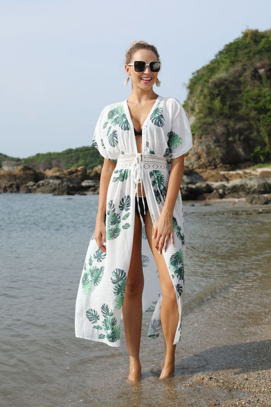Iyasson Natural Leaf Print Lace Cover Up