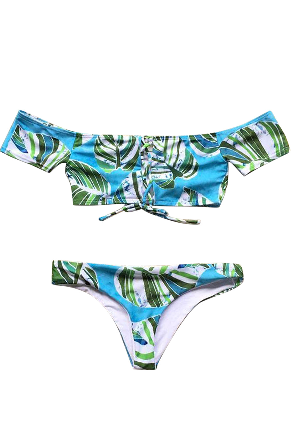 Iyasson Blue Leaves Printing Off-the-shoulder Bikini Sets