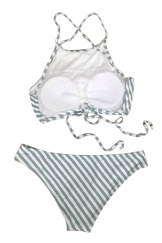 Iyasson Stripe Printing Halter Bikini Sets