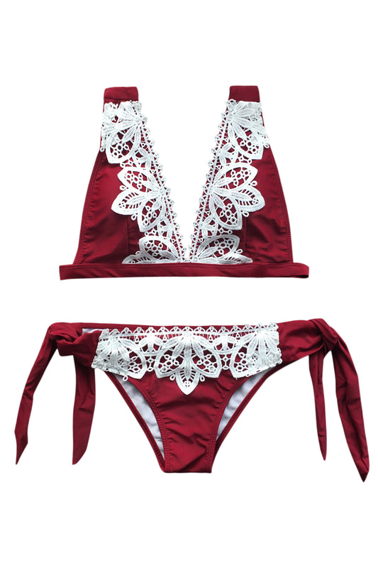 Iyasson Wine Red Lace Up Bikini Set