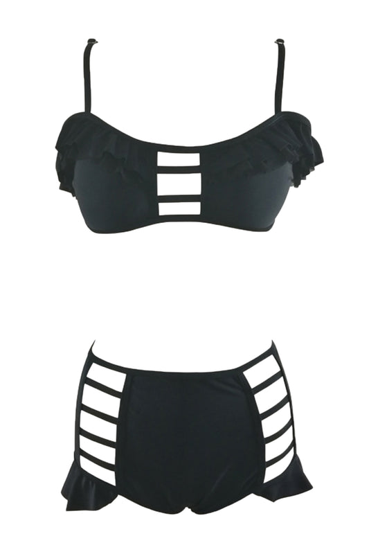Iyasson Black Ruffles Bikini Sets With Strappy Detailing