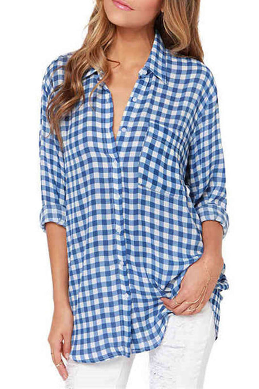 Iyasson Oversized Boyfriend Shirt in Blue Check&Plaid