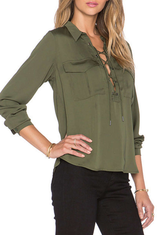 Iyasson Army Green Front Cross Design Loose Shirt