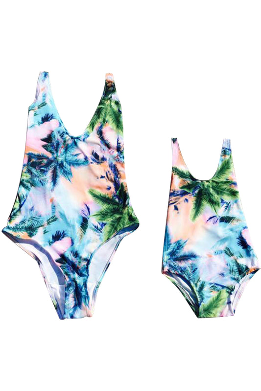Iyasson Colorful Tropical Pattern Back Cross Mom & Daughter Swimsuit