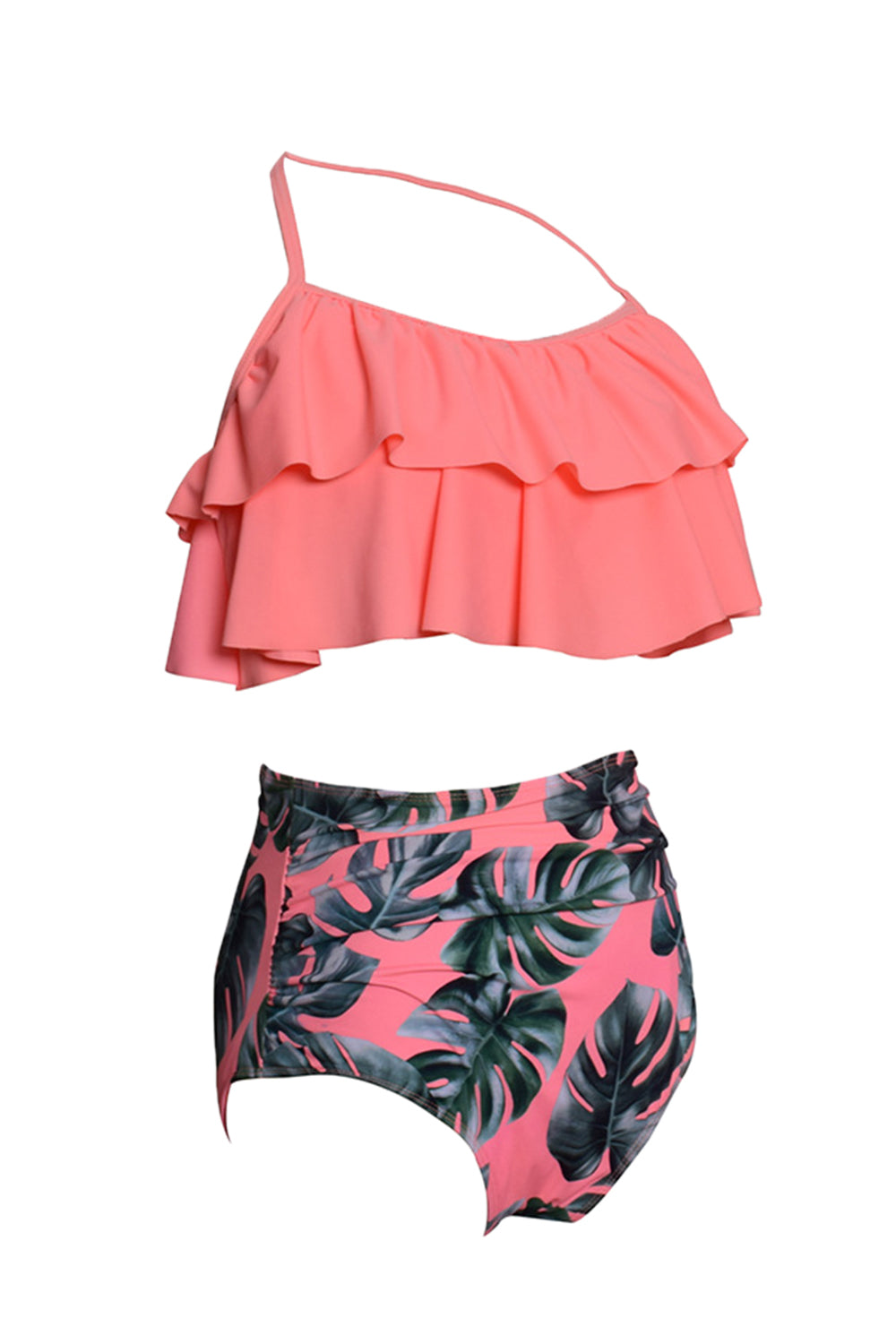 Iyasson Pink Vintage Falbala With High Waisted Bathing Suits
