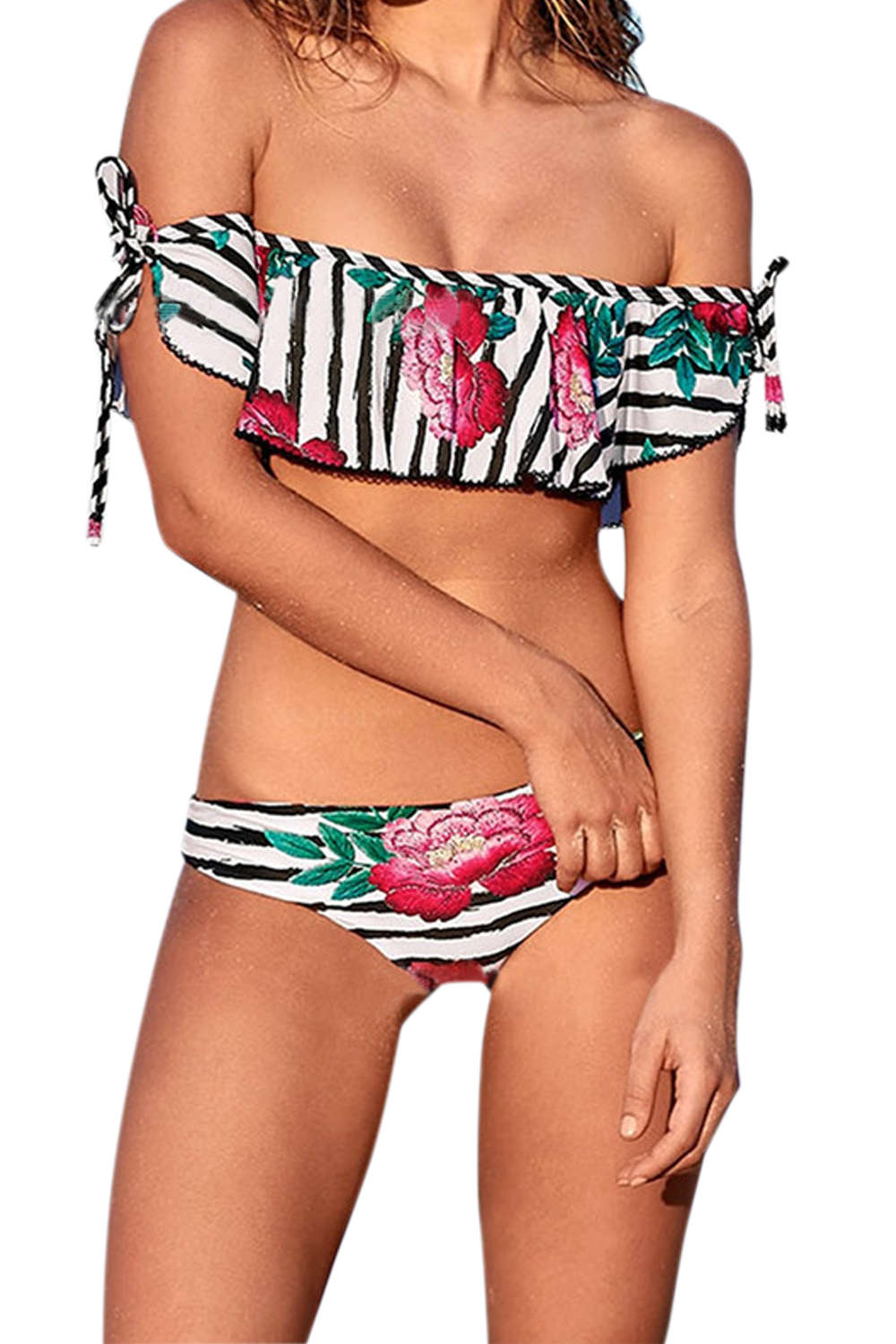 Iyasson Stripe & Floral Printing Off-the-shoulder Bikini Sets