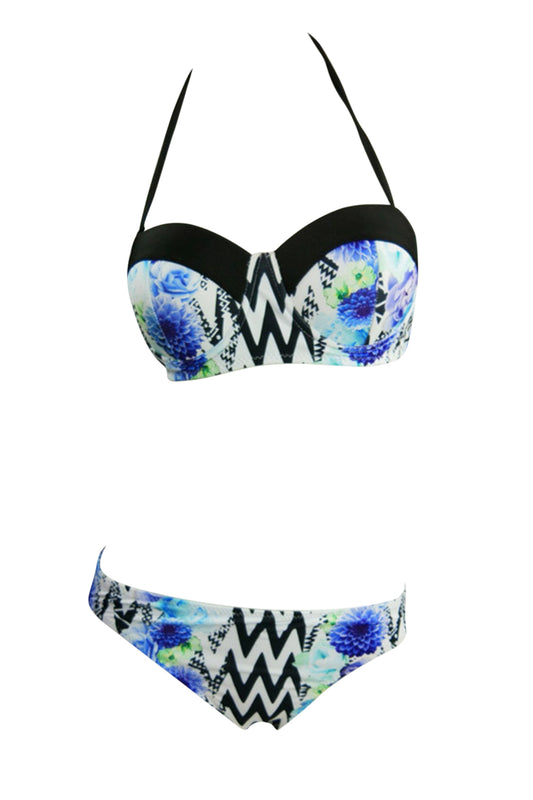 Iyasson Blue Floral Printing Halter Bikini Sets