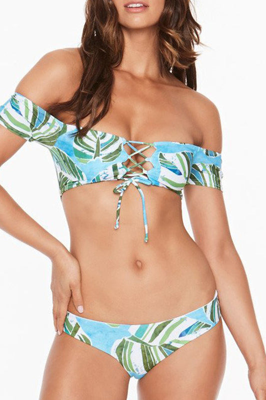 Iyasson Blue Leaves Printing Off-the-shoulder Bikini Sets