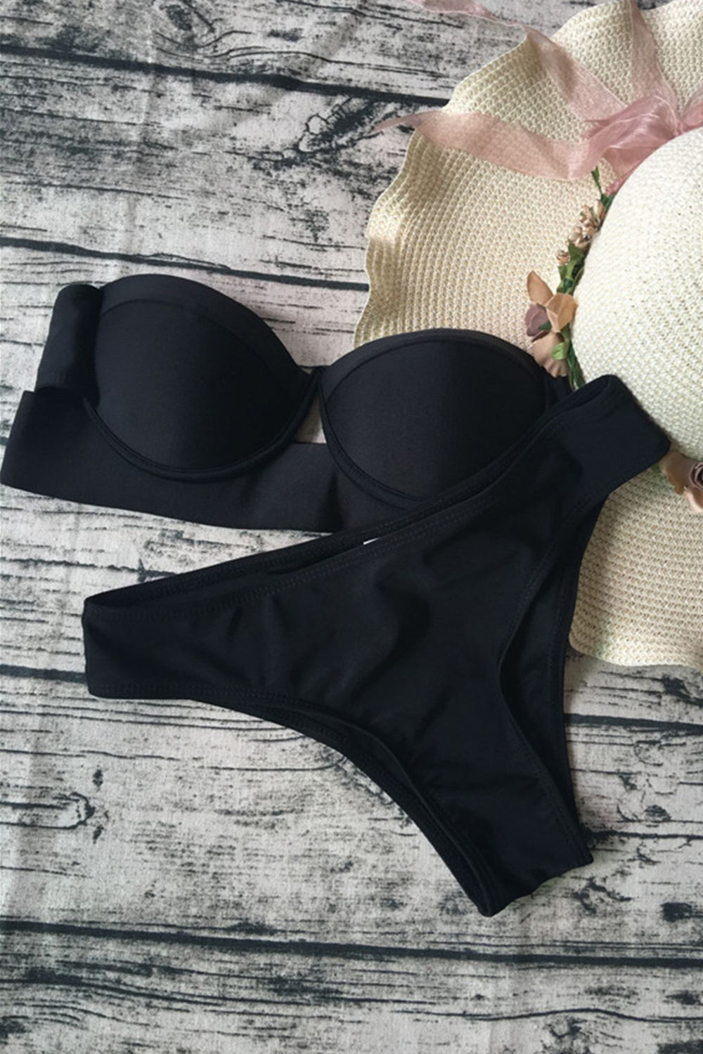 Iyasson Black Strapless Bikini Sets