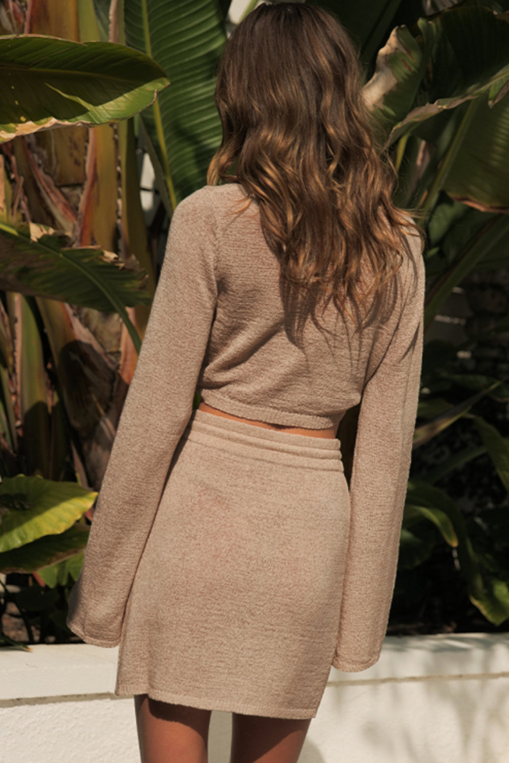 Trumpet Long Sleeve Twisted V-neck Top Drawstring Short Skirt Set