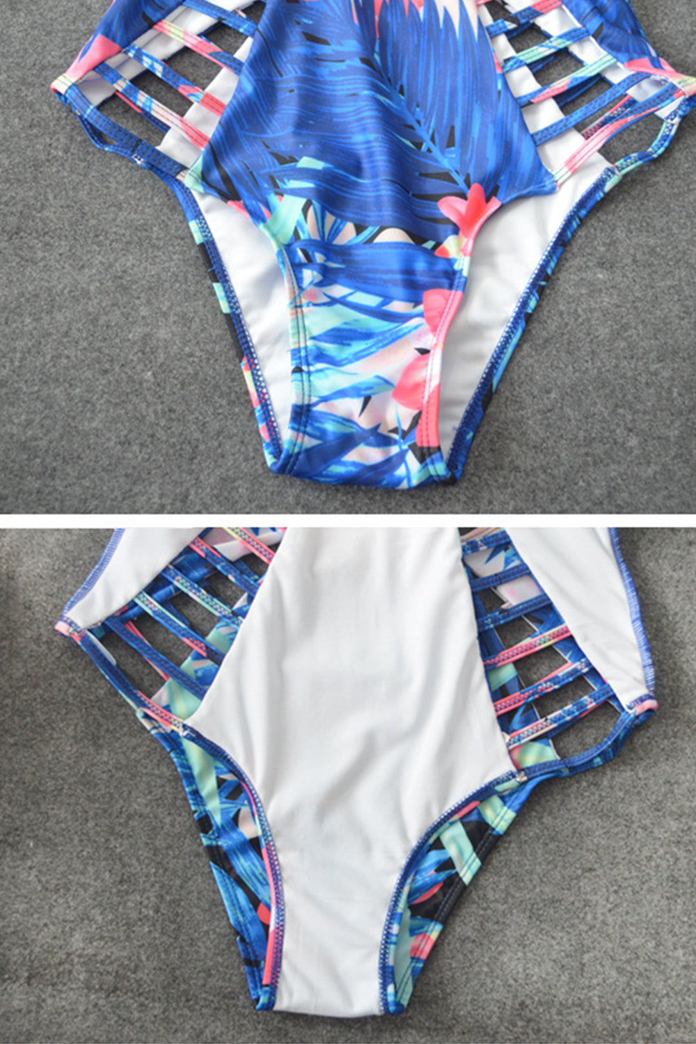 Iyasson Blue Floral Printing Halter One-piece swimsuit