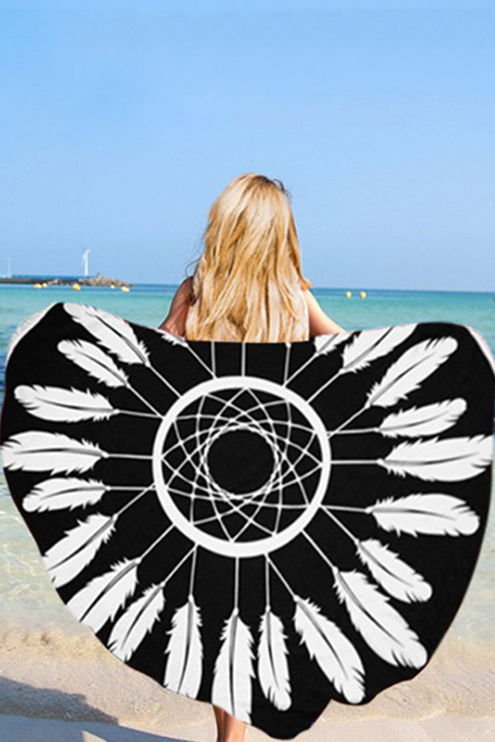 Iyasson Feather Printing With Tassel Ornament Round Beach Blanket