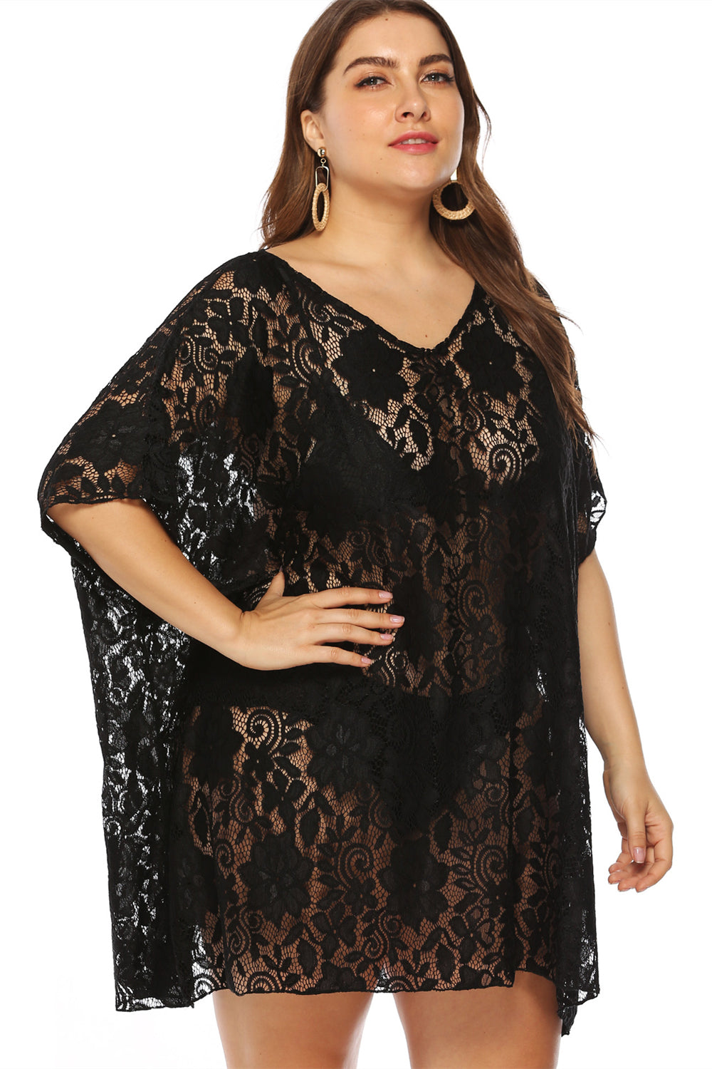 Black Lace Plus Size Half Sleeve Cover Up