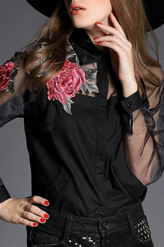 Iyasson Organza Splicing Floral Embroidery Shirt