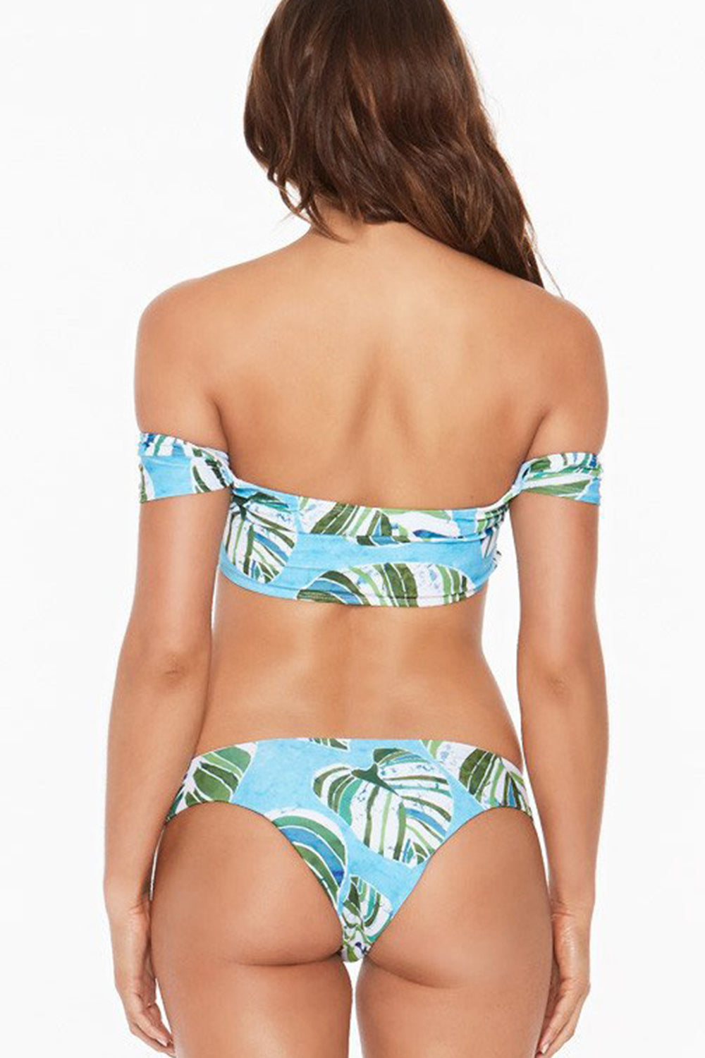 Iyasson Blue Leaves Printing Off-the-shoulder Bikini Sets