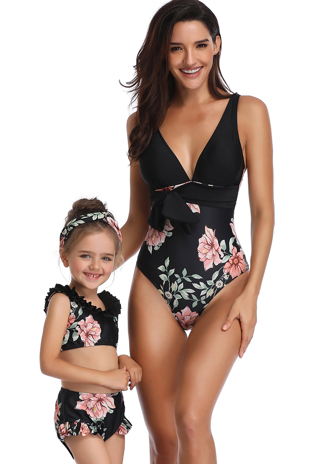 Mommy and Me Matching Family Swimsuit Womens Girls Suit Matching Swimwear Set with Headband