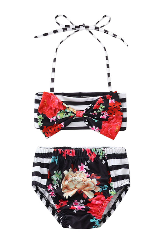Iyasson Floral & Stripe Splicing Printing Halter Baby Girl Swimsuit