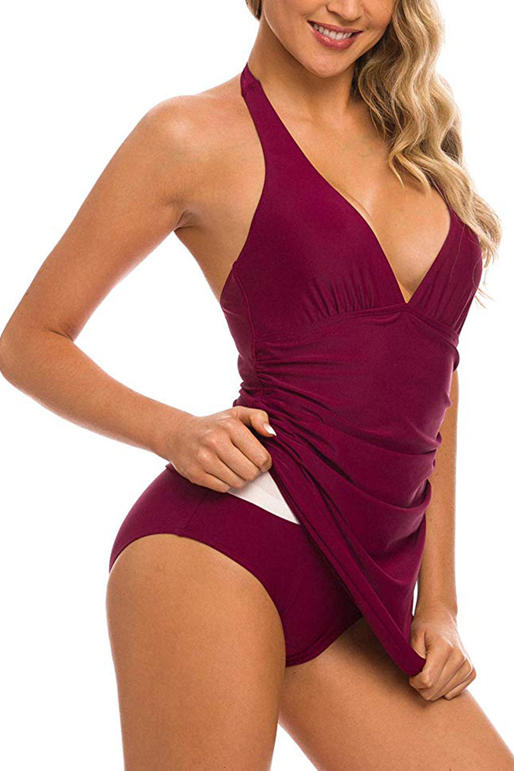 Women's Padded One Piece Swimsuits V-Neck Shirred Tummy Control Bathing Suits