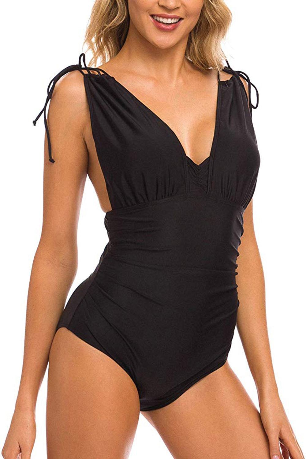Women's One Piece Swimsuit V Neck Shirred Tummy Control Bathing Suit