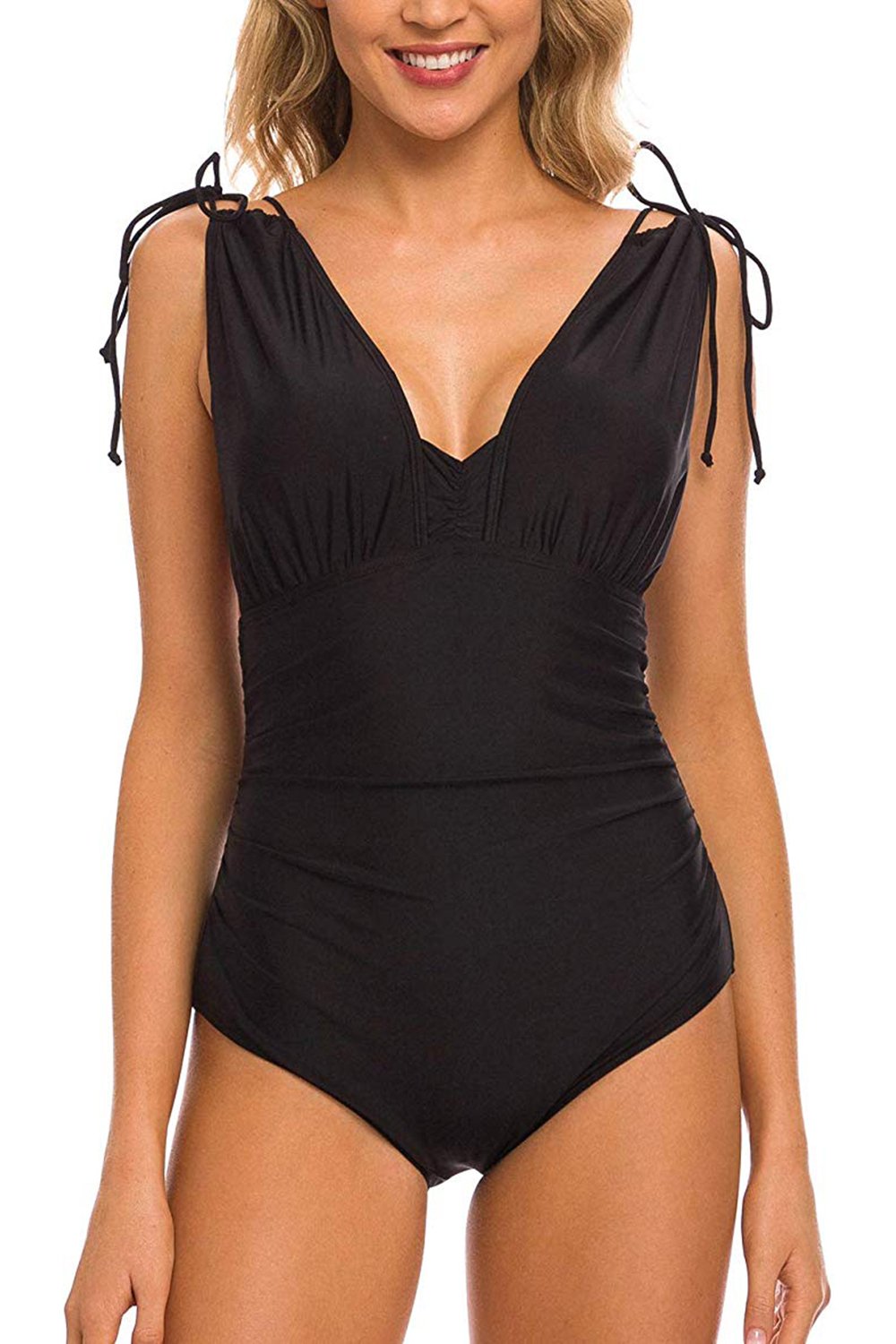 Women's One Piece Swimsuit V Neck Shirred Tummy Control Bathing Suit