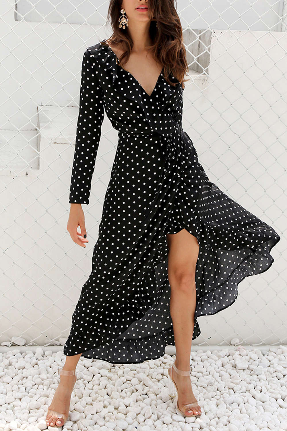 Iyasson Polka Dot Printing Ruffled Wrap Dress