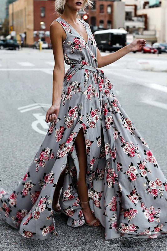 Iyasson Bohemia Floral Print V-neck Sleeveless Wrap Dress