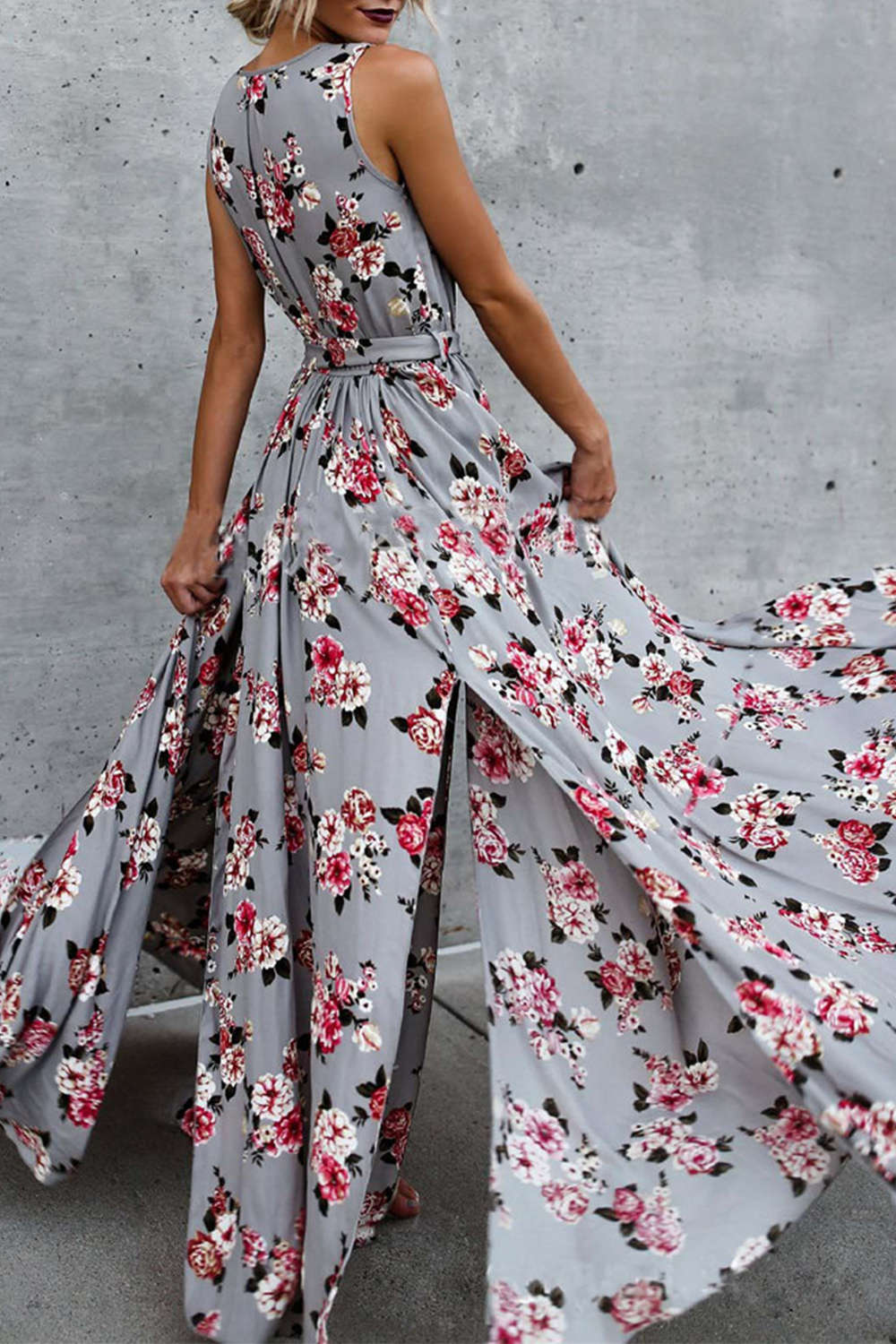 Iyasson Bohemia Floral Print V-neck Sleeveless Wrap Dress
