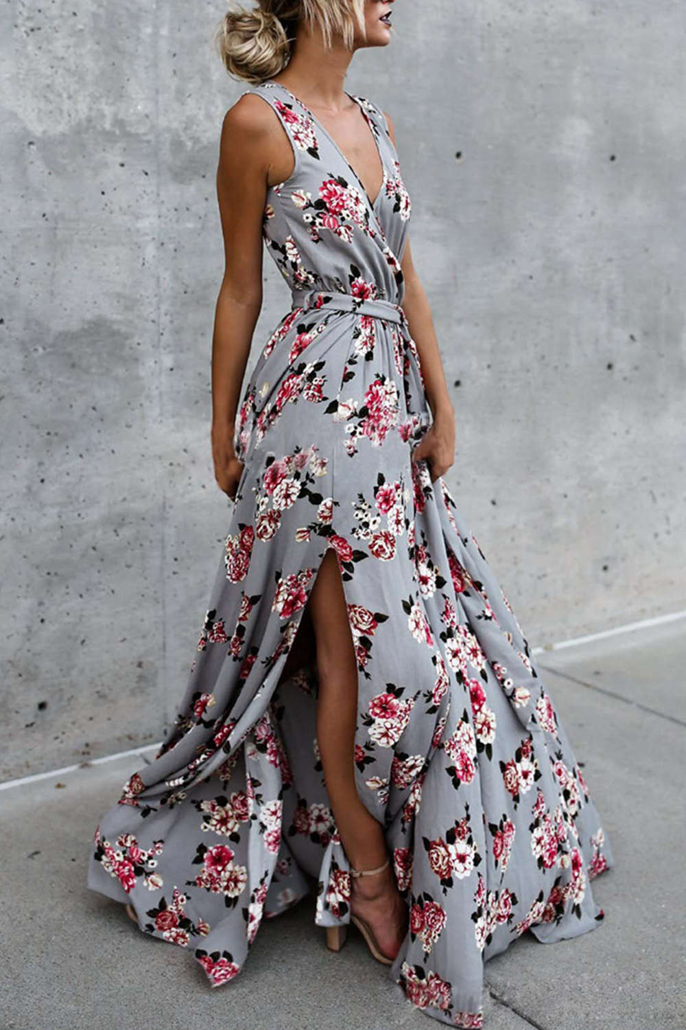Iyasson Bohemia Floral Print V-neck Sleeveless Wrap Dress