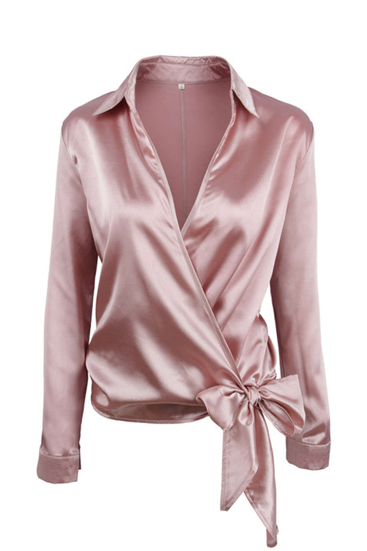Iyasson Cross V-neck Wrap Bow-tie Long Sleeve Blouse
