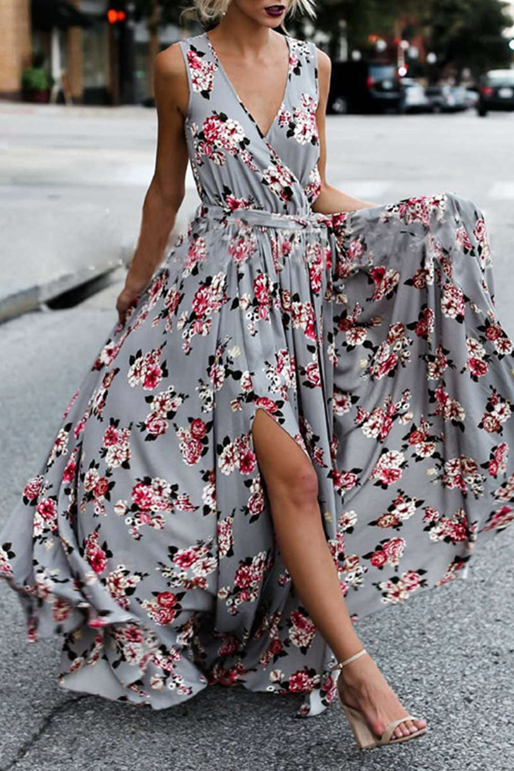 Iyasson Bohemia Floral Print V-neck Sleeveless Wrap Dress