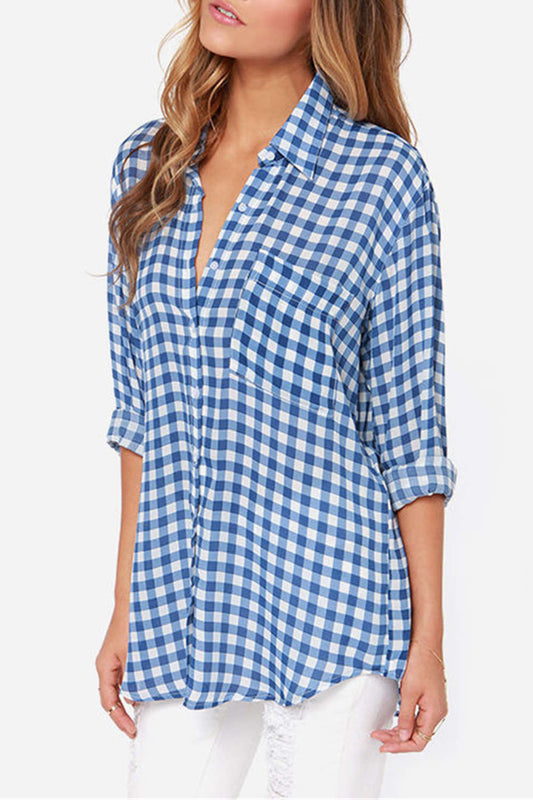 Iyasson Oversized Boyfriend Shirt in Blue Check&Plaid