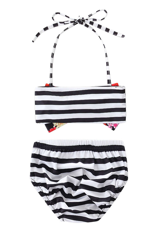 Iyasson Floral & Stripe Splicing Printing Halter Baby Girl Swimsuit