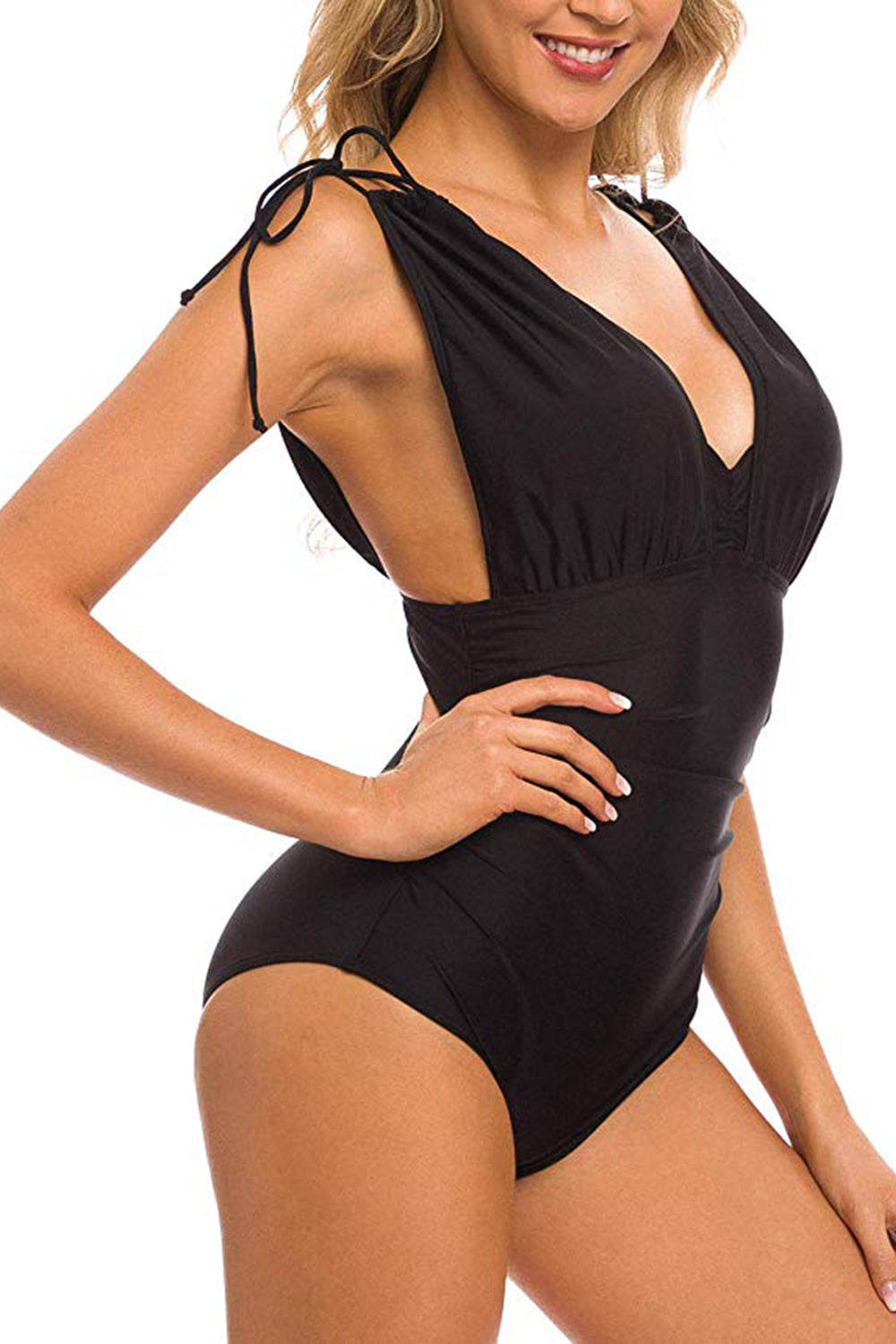 Women's One Piece Swimsuit V Neck Shirred Tummy Control Bathing Suit