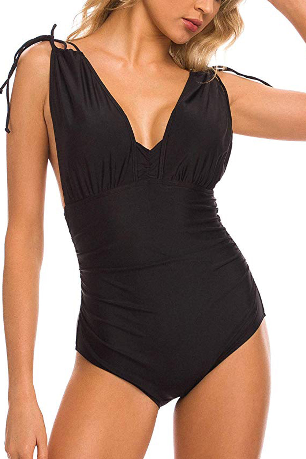 Women's One Piece Swimsuit V Neck Shirred Tummy Control Bathing Suit