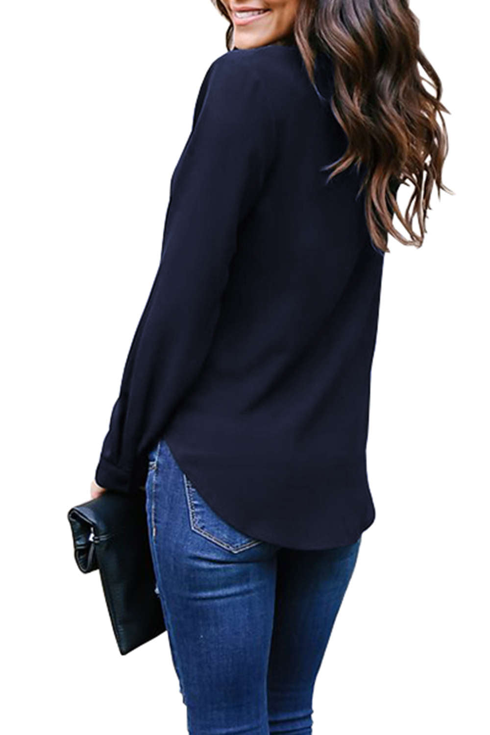 Iyasson V-neck Ribbon Tie Loose Solid Color Blouse