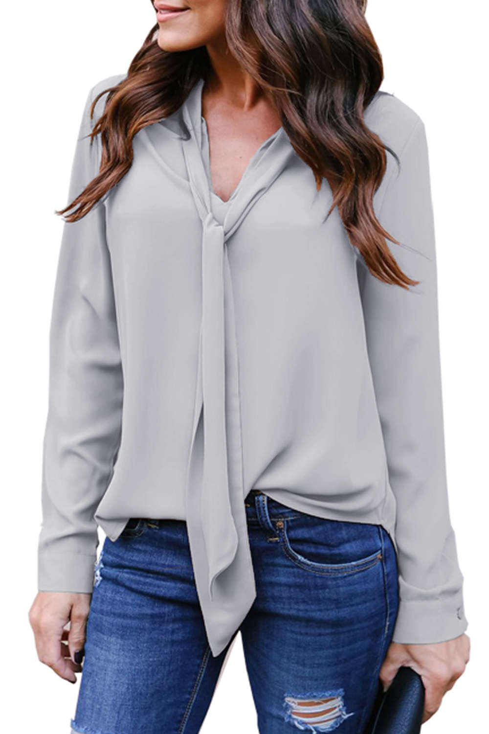 Iyasson V-neck Ribbon Tie Loose Solid Color Blouse