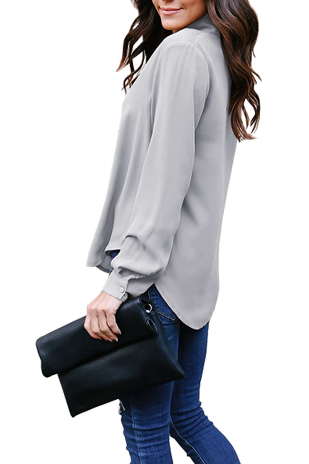 Iyasson V-neck Ribbon Tie Loose Solid Color Blouse