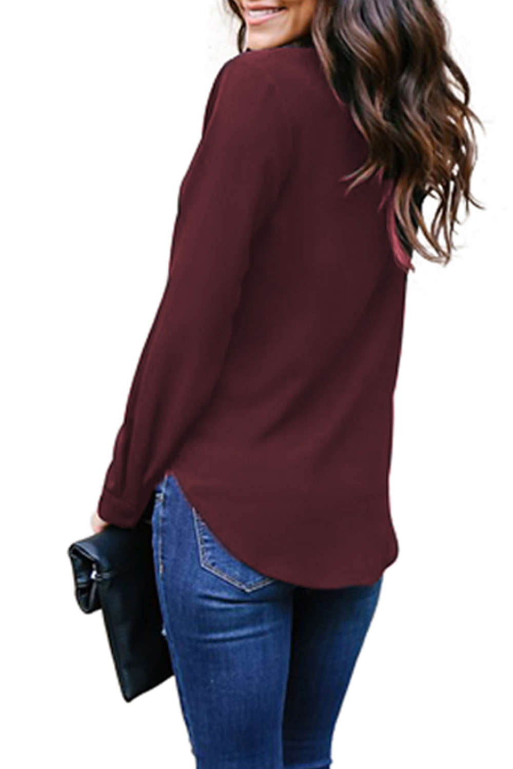 Iyasson V-neck Ribbon Tie Loose Solid Color Blouse