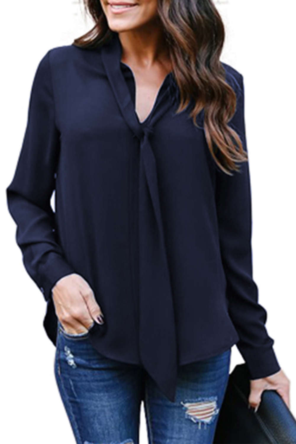 Iyasson V-neck Ribbon Tie Loose Solid Color Blouse