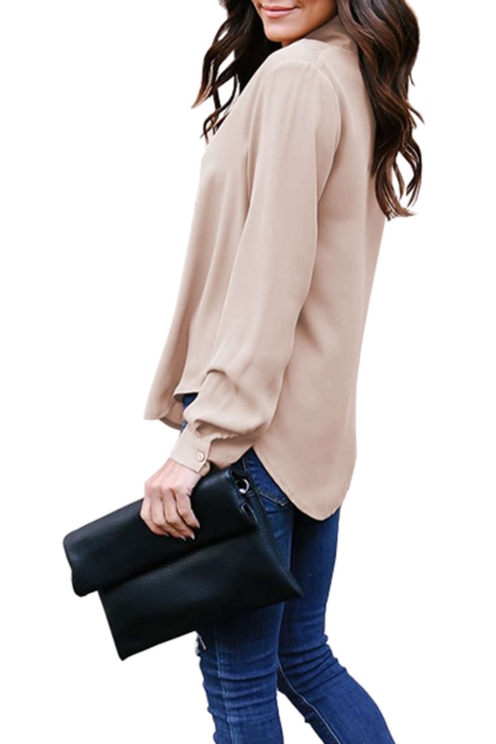 Iyasson V-neck Ribbon Tie Loose Solid Color Blouse