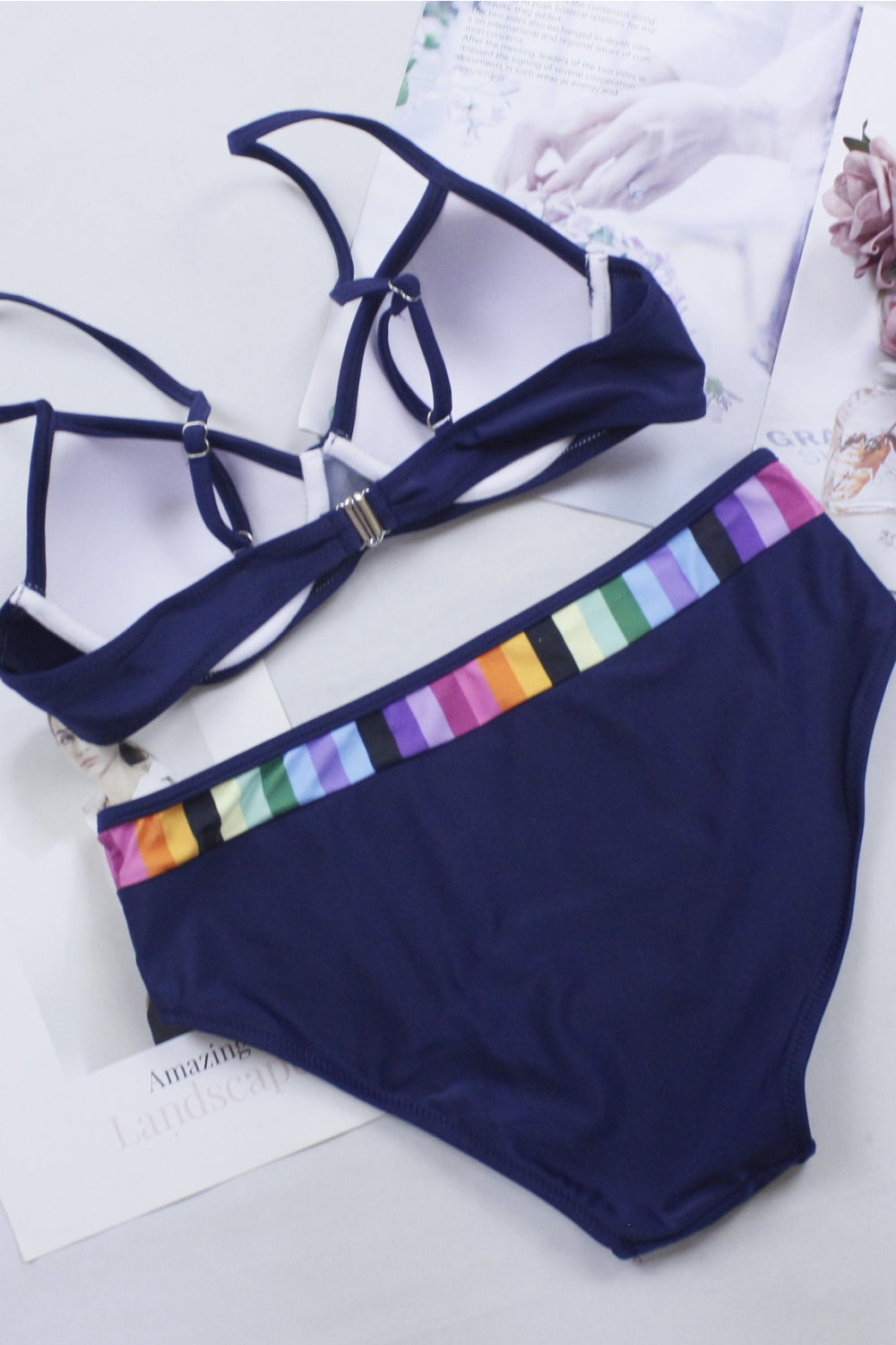 Women Sexy Black Push Up Rainbow Bikini Set