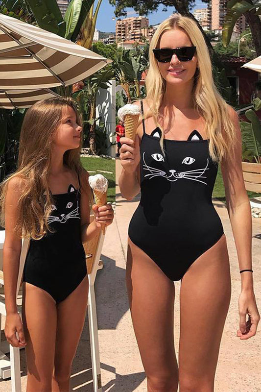 Iyasson Black Cute Cat Pattern Mom & daughter Swimsuit