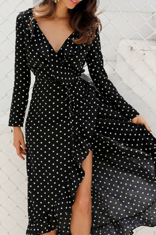 Iyasson Polka Dot Printing Ruffled Wrap Dress