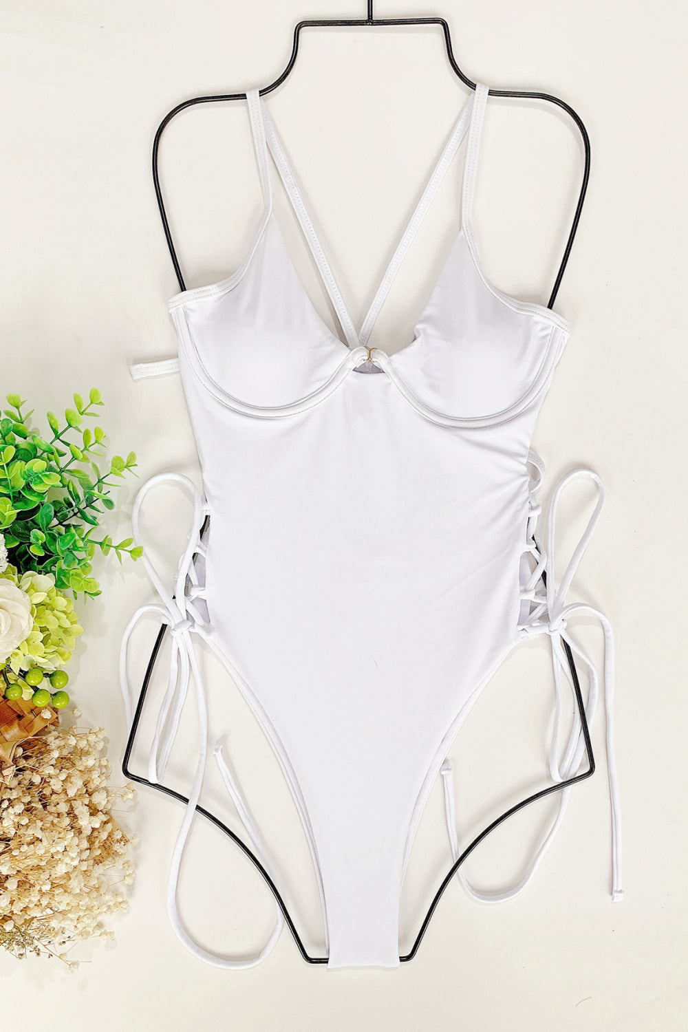 Women Lace Up Stripe One-piece Swimsuit