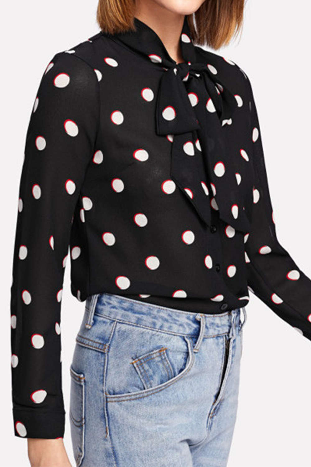 Iyasson Coin Dot Printing Long Sleeve Blouse